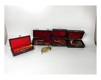 Choice of Realistic Looking Miniature Decorative French Horn, Trumpet, Trombone, Tuba or Brass Tenor Horn all with faux black leather cases