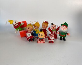 Set of 8 Vintage Flocked and Celluloid Christmas Ornaments