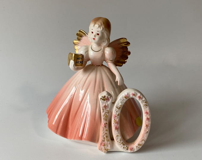 1960s Josef Originals Age 10 Porcelain Ceramic Birthday Angel with Original foil sticker
