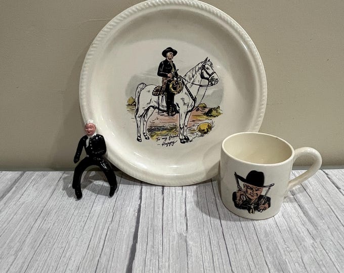 1950's Hop-Along-Cassidy plate, coffee cup and plastic figurine