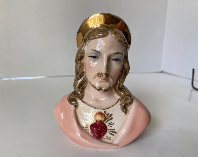From Italy, Vintage 4 1/2" Sacred Heart of Jesus Bust Porcelain Ceramic Petite Figurine
