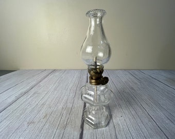 Vintage small 8-sided male style pedestal oil lamp with chimney and wick