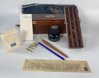 12 Piece Set AM The Art of Writing Traveler's Writing Chest Calligraphy Dip Pen Set in Wooden Box with Cloth Cover, Inkwell, Pens, Tips etc