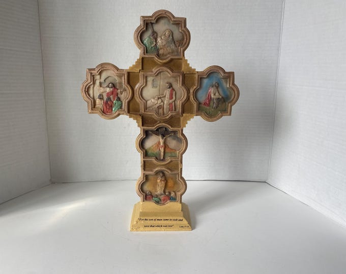 The Details!  Life of Jesus Tabletop 13" Cross with 6 scenes of his life  with Bible verse