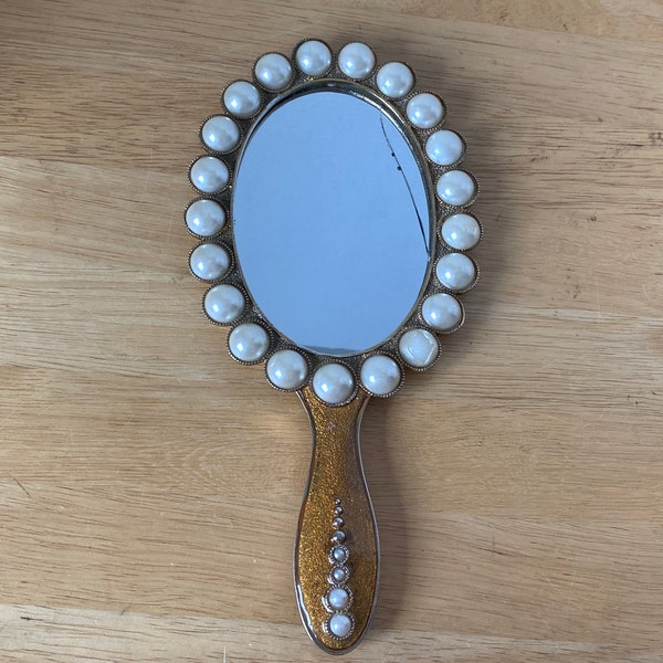 Must Love Pearls!  Vintage Pearl and gold metal decorative hand mirror