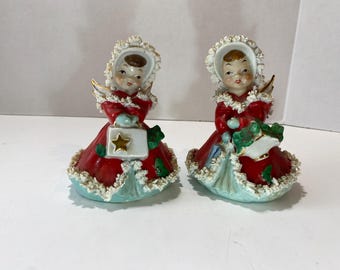Set of 2 Vintage Napco Spaghetti Trim Ceramic Christmas Angels from Japan