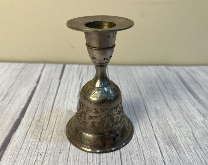 Vintage etched candle holder and dinner bell from India