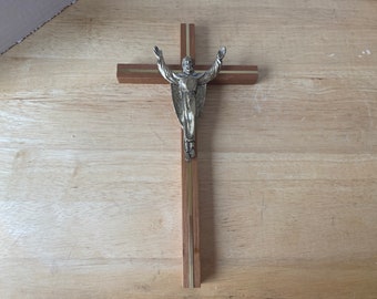 Vintage Wooden Crucifix with Brass Cross Insert behind Jesus done in a distressed gold