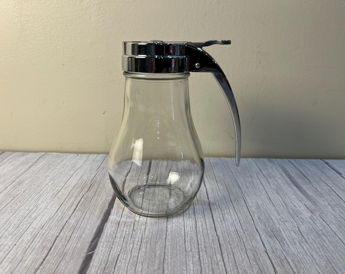 Vintage silver top glass bottom ribbed syrup dispenser