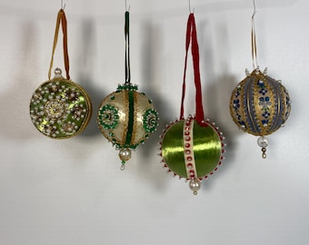 Set of 4 Vintage Satin, Ribbon and Velvet Oraments with  Red, Green and White Beads Kit Christmas Ornaments