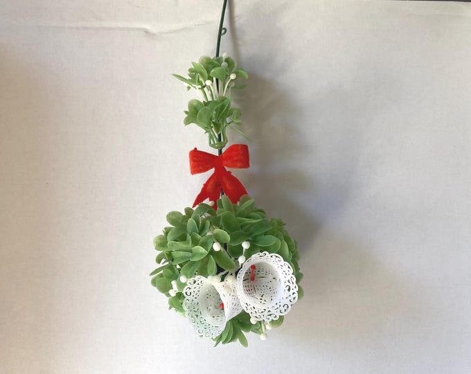 Vintage Plastic Mistletoe Ball with red flocked ribbon and plastic bells