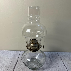 Clear glass hob nail oil lamp with bubble chimney and wick