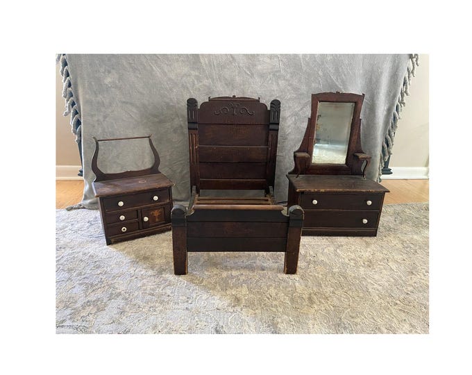 Vintage Doll Bed, Wash Stand With Towel Bar and Mirrored Dresser for 17" dolls