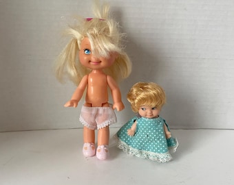 Set of 2 dolls:  Mattel 1988 Cherry Merry Muffin Cupcake Doll and 1985 Uneeda 4" Baby PeeWee Doll