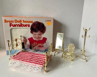 Vintage 4 Piece Dollhouse 1:12 scale Brass Bedroom set w/Mirror,  Coat Rack, Rocking Chair & Bed with Pillow, Mattess, Cover In Original Box