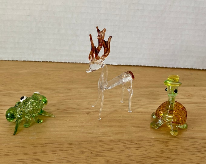 Set of 3  Reindeer, Turtle & Frog Art Glass Blown Miniature figurines