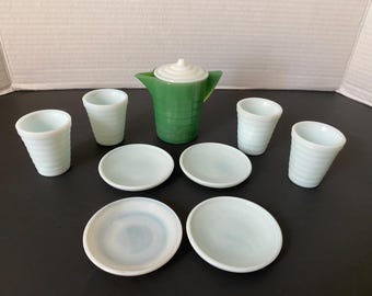 1940s Miniature 10 Piece Milk Glass Akro Jadeite Agate Pitcher with Lid, Children's White Concentric Ring Dishes, 4 Tumblers