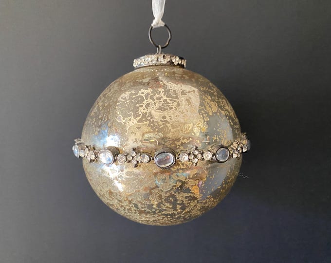 Vintage Large Heavy  Mercury Glass Christmas Tree Ornament with Rhinstones