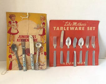 Set of 2 Vintage Childrens Baby Doll Kitchen Silverware playsets w/ original packaging-Junior Miss Kitchenware & Like Mothers Tableware Set