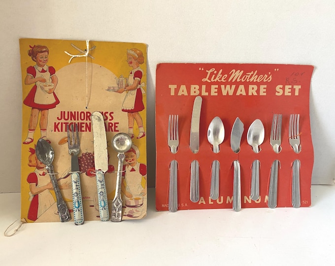 Set of 2 Vintage Childrens Baby Doll Kitchen Silverware playsets w/ original packaging-Junior Miss Kitchenware & Like Mothers Tableware Set