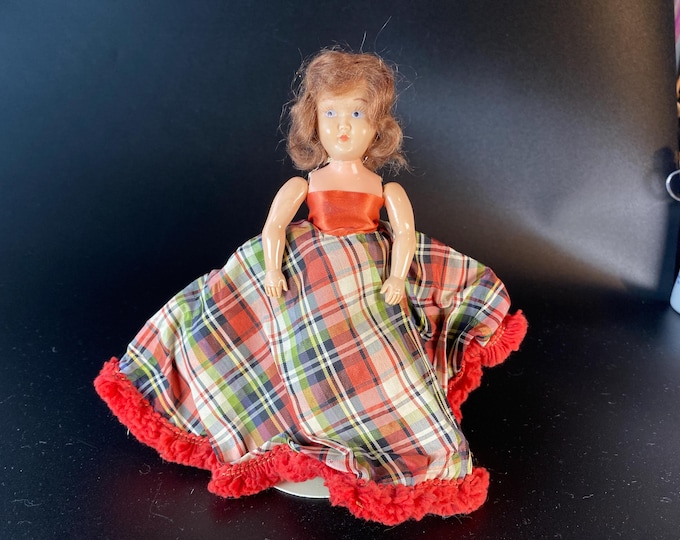 1940s Valentine Doll with Plaid ball gown skirt with red yarn fringe