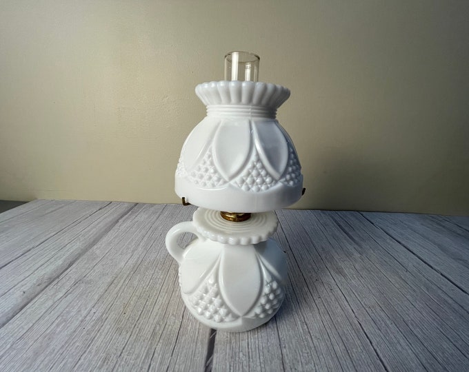 Vintage Hob nail and flower pedal base and shade milk glass finger oil lamp with shade, chimney and wick