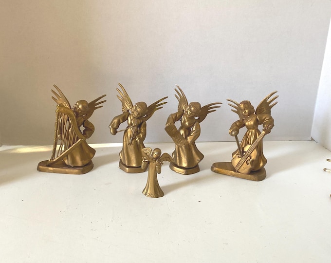 Set of 5 Vintage Plastic Gold  4 3/4" Tall (4) Angel Musicians and one angel is 2 1/2" tall