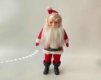 1950s   12 1/2" Tall Standing Santa with Vinyl Face, Cotton Spun Beard, Felt Suit and white fur trim