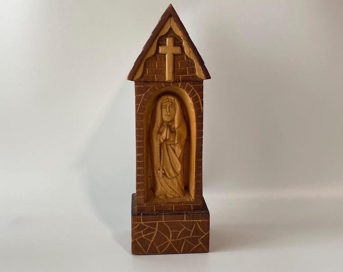 Vintage Hand Carved Solid Wooden Madonna Shrine from Poland