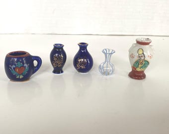 Set of 5 Ceramic and Blown Glass Miniature Vases and decorative mug for Doll house
