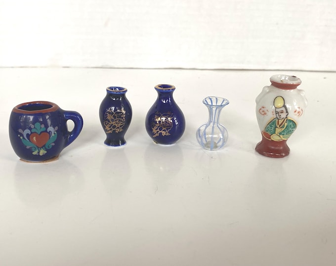 Set of 5 Ceramic and Blown Glass Miniature Vases and decorative mug for Doll house