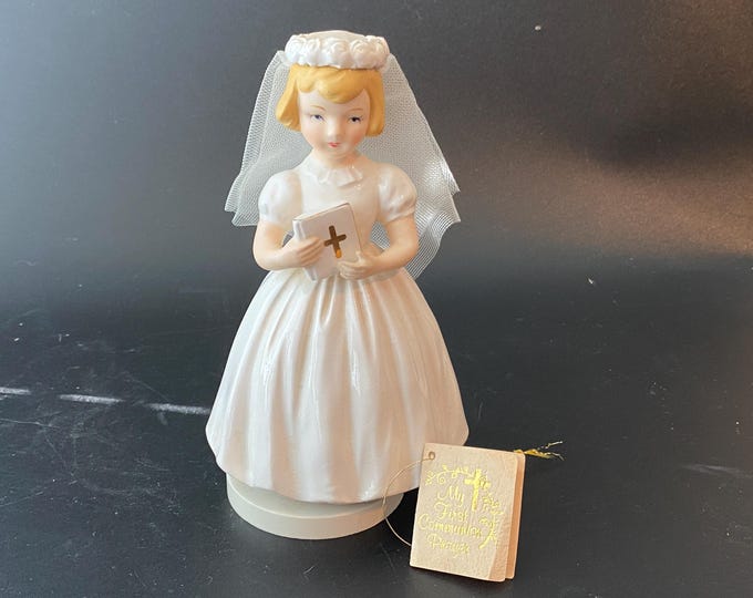1983 Enesco Porcelain Ceramic First Communion Girl Figurine Schmid Music Box - Spins as it plays "Ave Maria"