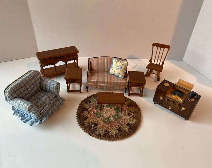 Vintage 10 Piece Dollhouse 1:12 scale furniture includes upholstered sofa, chair, wooden buffet, end tables and old fashioned record console