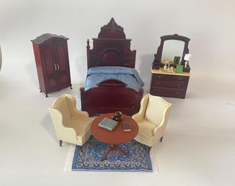 Vintage 1:12 Scale 13 Piece Bedroom set with bed, armoire, dresser, 2 wing back chairs, table and accessories