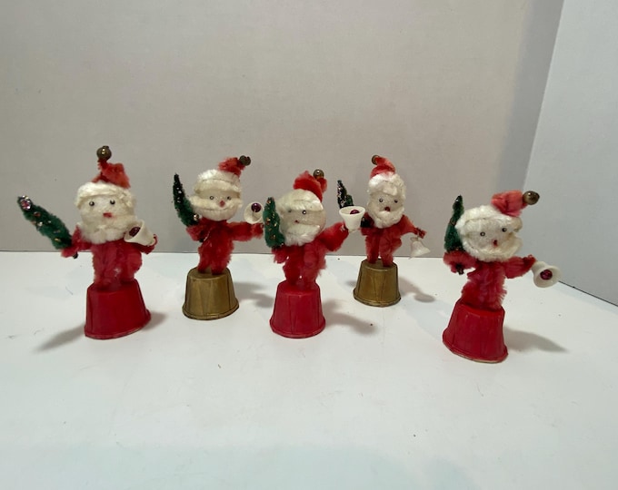 Set of 5 Vintage Chenille Santas Holding Christmas Trees and Bells