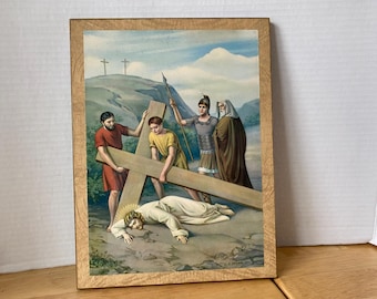 C. Secchi Print of Jesus Falling Carrying the Cross on Wooden Wall Plaque