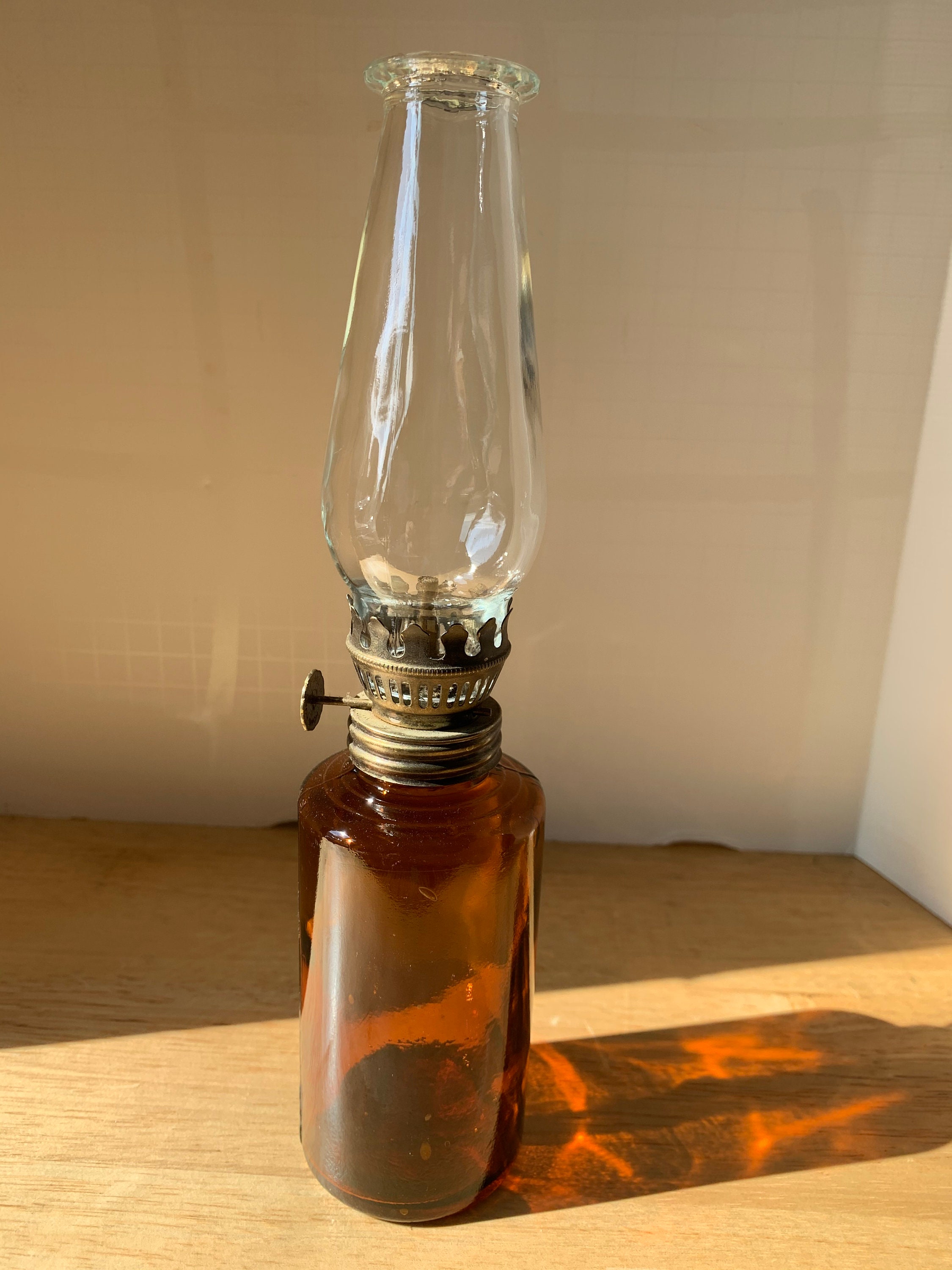 Vintage brown glass oil lamp with wick and chimney