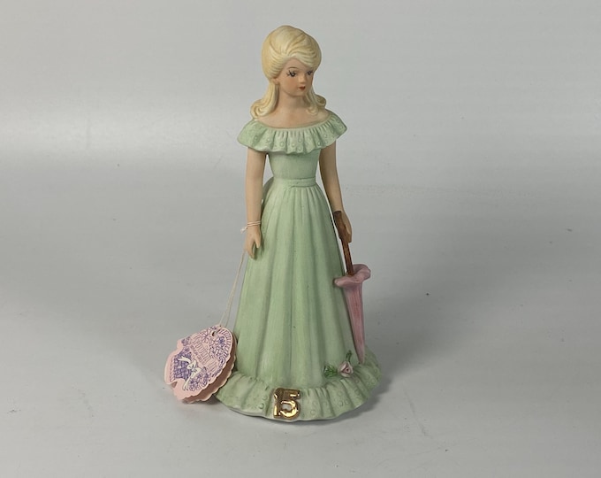 1980s 15 Year Old Blonde Birthday Girls by Enesco ceramic bisque "Growing Up Birthday Girls"  Figurine with Original Tag  with Birthday Poem