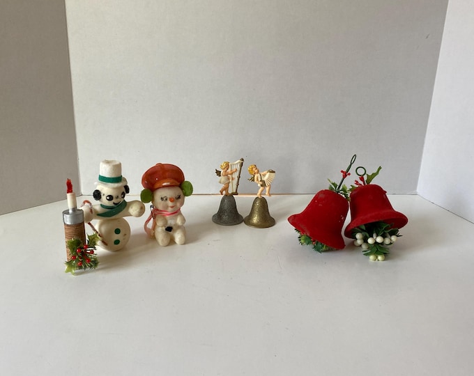 Set of 7 Vintage MCM Flocked Plastic Christmas Ornaments - Flocked Bell with Holly, Flocked Snowmen/Candle, Cherub Angels on Bells