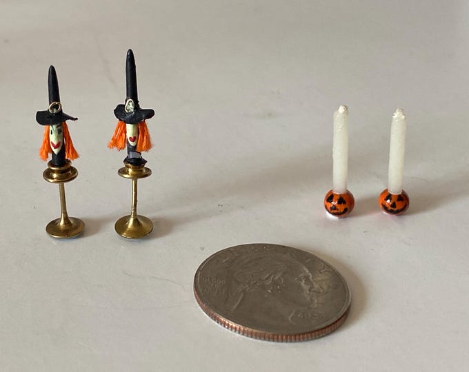Choice of 1:16 Tiny Miniature Dollhouse Halloween Candles - Set of 2 witches (1 1/8") or set of 2 pumpkins (7/8")