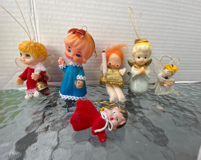 Set of 6 vintage Christmas angels ornaments of varying types including Blow Mold, Morgan Inc.