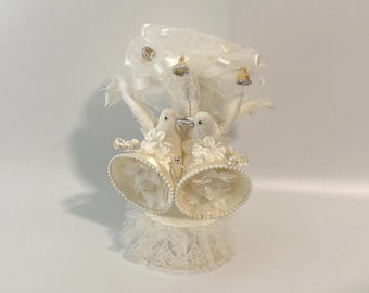 Vintage Coast Novelty Love Birds Wedding Cake Topper w/ 2 Large Bells, 2 large doves holding a rhinestone wedding band between their beaks