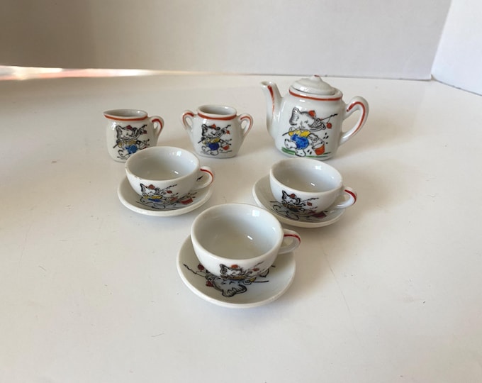 9 Piece Whimsical Elephant Fishing Mini Porcelain tea set - Teapot, Sugar, Creamer, 3 cups, 3  Saucers by from Japan