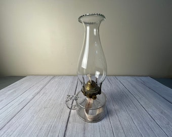 medium vintage clear glass finger cylinder oil lamp with beaded chimney and wick