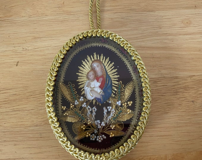 Austrian Blessed Mother with baby Jesus shadowbox religious wall decor made in Austria
