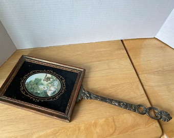 Victorian Hand Mirror with solid metal Handle and Wooden Frame and Victorian Picture