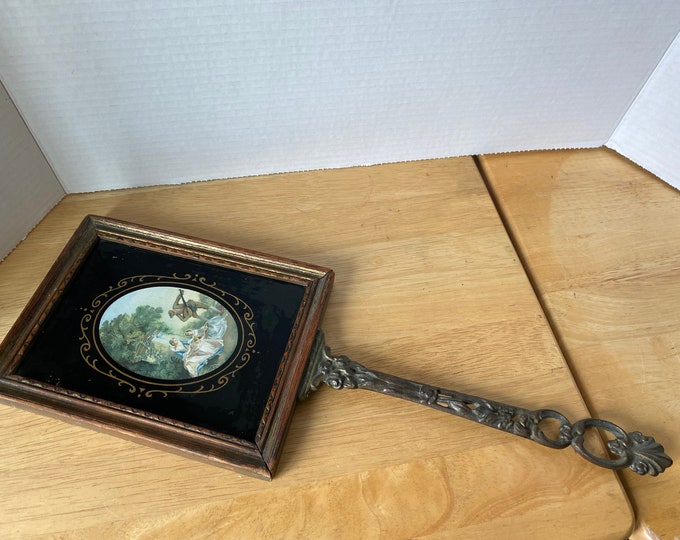 Victorian Hand Mirror with solid metal Handle and Wooden Frame and Victorian Picture