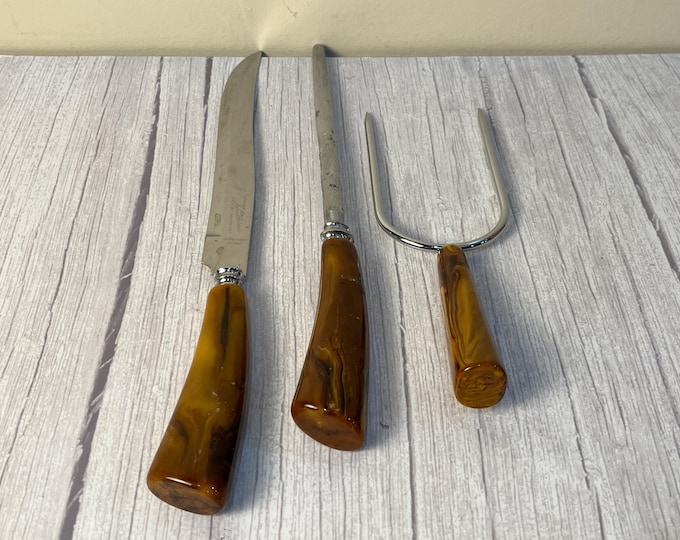 vintage 1940's Butterscotch Bakelite carving set with knife fork and stone