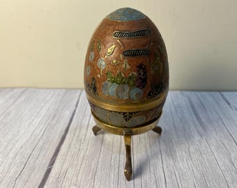 Solid brass and enamel Cloisonne egg trinket box on tripod stand made in India