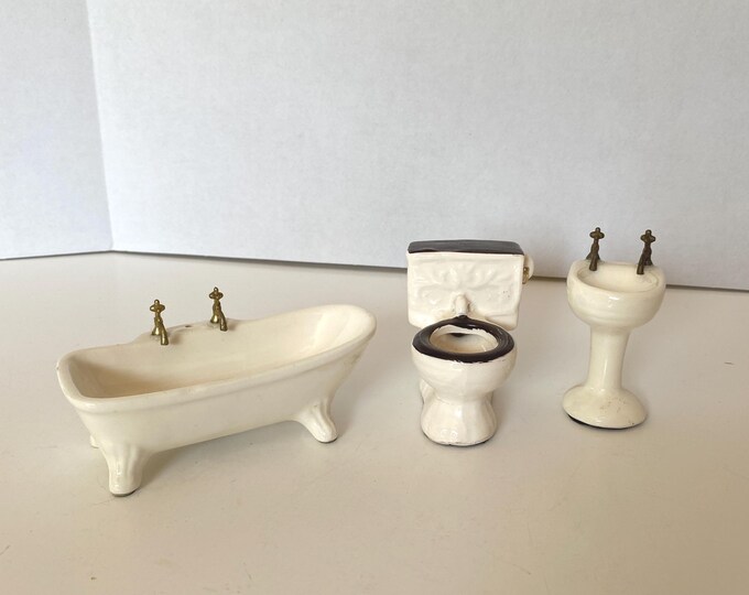 Vintage Dollhouse Victorian Porcelain Toilet, Porcelain Sink & tub